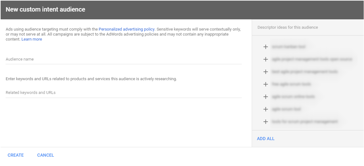 adwords custom intents